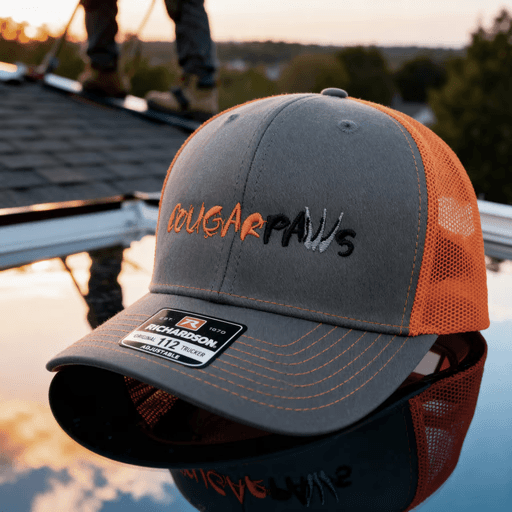 Grey and orange Cougar Paws trucker cap resting on a metal roof panel