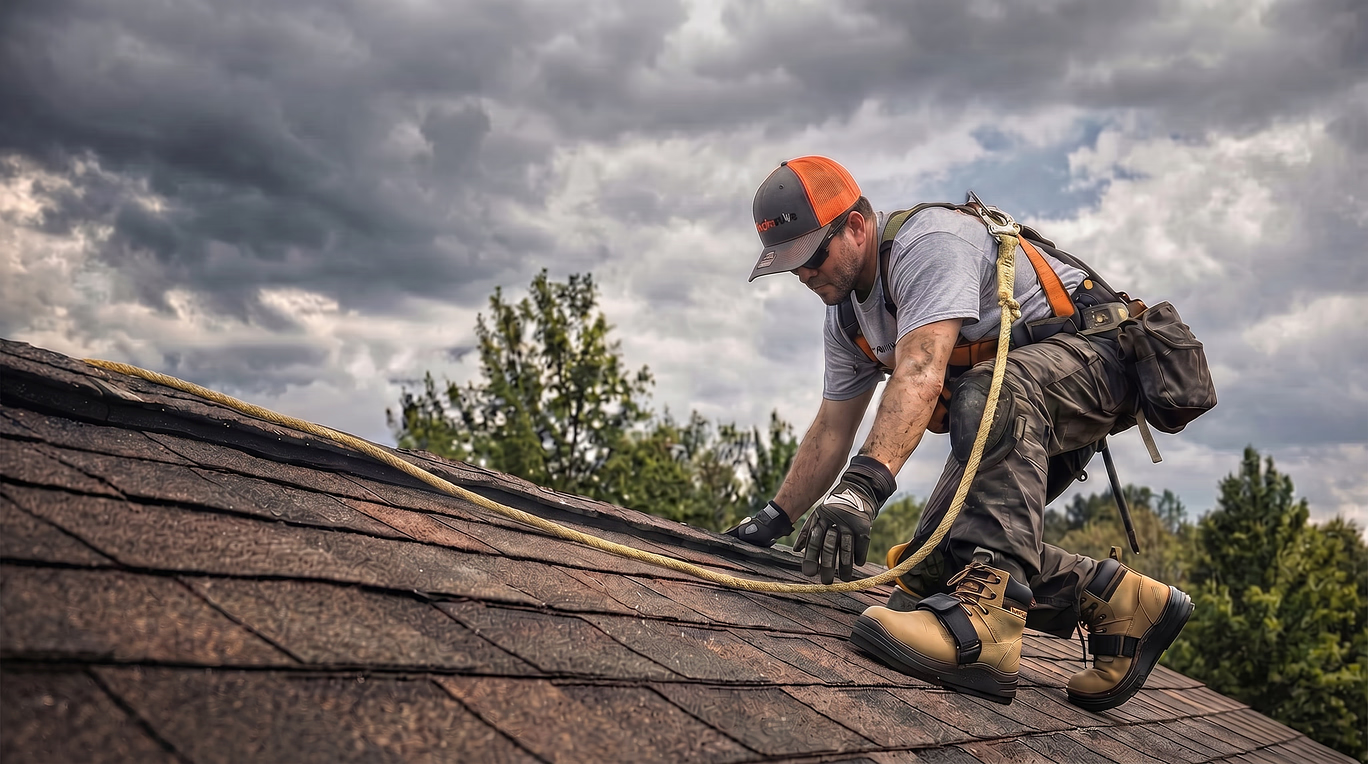 Roofing contractor working on a roof with a cloudy sky in the background