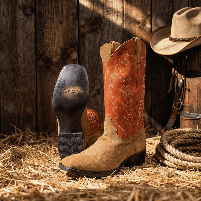 Men's western boots standing on hay in a barn beside a cowboy hat and coiled rope